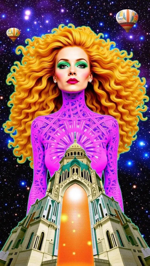 Prompt: **Prompt:**  
A divine DMT entity in the form of a beautiful Caucasian woman, her wild, curly blond hair transformed into glowing, multidimensional tendrils of liquid light, flowing endlessly into the fractal infinity of hyperspace. Her body shimmers like a crystalline hologram, constantly shifting between forms—part human, part machine, part alien architecture. Her skin is adorned with intricate, bioluminescent patterns of sacred geometry, pulsating with the colors of the ultraviolet spectrum: neon pinks, radiant purples, and electric blues. Her eyes are vast, otherworldly portals, reflecting the infinite realms of the DMT hyperspace—swirling vortexes of kaleidoscopic energy and impossible landscapes. The background is alive with hyper-organic structures: cathedral-like domes made of living light, pulsating with a rhythm that feels both ancient and futuristic. Alien glyphs and symbols float in the air, as if communicating with her and the viewer telepathically. The entire scene radiates an overwhelming sense of awe, mystery, and transcendence, as though she is the guardian of the ultimate cosmic truth.
