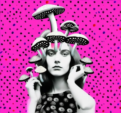 Prompt: a mixed media collage of a girl wearing or growing mushrooms/fungus as clothing body parts and accessories. She is a black and white or halftone photograph, the mushrooms and fungal growths are to be mixed media, including but not limited to paint, enamel, foils, glitter, sparkle, sequins, found objects, natural items, rhinestones etc <mymodel>