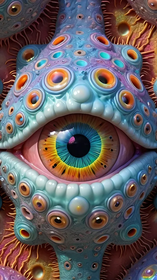 Prompt: an extremely hyper realistic ultra super textural weird trippy surreal psychedelic entity, Lyapunov Fractals, apollonian gaskets, catenoids, white, translucent, clear, bright bright pastel colors, oil slick rainbow sheen effect, lots and lots of light, lots of crazy colorful compound psychedelic human eyes, rows of human teeth, fungus, atoms, diatoms, enneper sufaces, apollonian gaskets, Lyapunov Fractals 