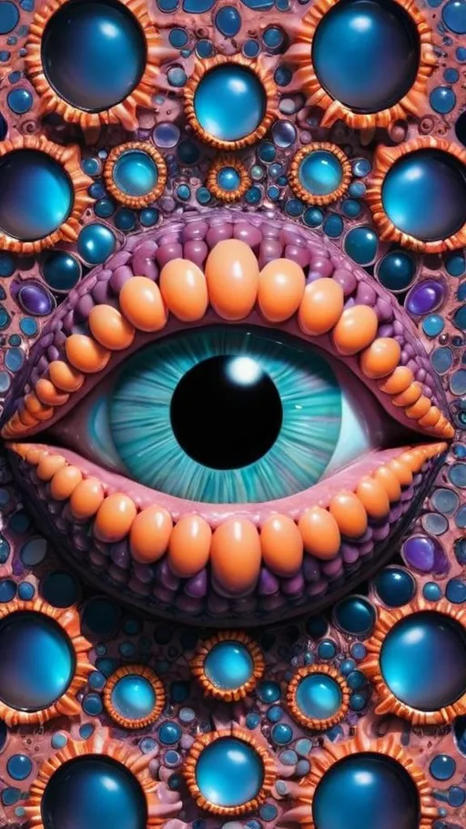 Prompt: Create an extremely hyper-realistic, ultra super textural, weird, trippy, surreal, psychedelic eyes/teeth/mouth pattern/design based on Mandelbrot & “Op Art tiling” with lots of human eyes (crazy colorful compound psychedelic), rows of human teeth, human lips, and tongues. 

- **Colors**: determined by the properties and expressions of the elements (& their isotopes), minerals, and metals: opal, moonstone, amethyst, rose quartz, Platinum (Pt)

**Shapes and forms**
- Mandelbrot 
- "Op Art tiling" 
-other shapes determined by the natural properties and expressions of the elements (& their isotopes), minerals, metals, and biological organisms: opal, moonstone, amethyst, rose quartz,  Platinum (Pt)


- **Textures**: Derived from any/all elements (& their isotopes), minerals, metals, crystals, organic things mentioned in this prompt: opal, moonstone, amethyst, rose quartz, Platinum (Pt)

**Composition and Layout**:
- a pattern/design based on the Op Art tiling & Mandelbrot 

**Lighting**:
- lots of bright light
- Phosphorescence

**Detail and Atmosphere**:
- Extreme hyperrealistic sharp high detail high definition organic and mineral textures
- Psychedelic, weird, odd, surreal atmosphere
- Frozen in time

**Additional Elements**:
- extra rows of teeth, lips, many eyes, Op Art tiling, Mandelbrot 
