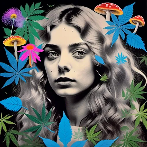 Prompt: <mymodel>Mixed media collage of a girl with long blond curly hair and blue eyes, black and white photograph, pops of vibrant color with cannabis leaves, mushrooms, smoke and fractals in the background, hand-colored, high contrast, psychedelic, detailed facial features, vintage style, atmospheric lighting