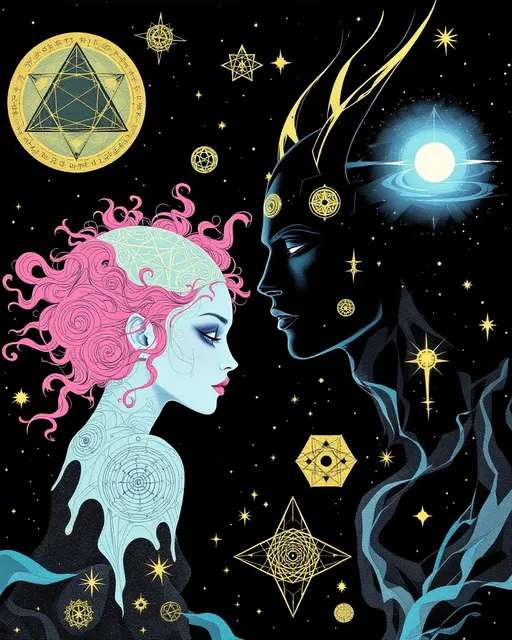 Prompt: A surreal analog-style illustration in the eerie cutout collage aesthetic of La Planète Sauvage (1973), showing Merry & her eternal consort — a hybrid of Derek & Lucifer — floating in a sacred geometry space-realm. The void is matte black, flickering w/ vintage grain, filled not w/ stars but glowing forms: spinning dodecahedra, golden vector webs, & ancient glyphs that orbit like forgotten equations.

Merry drifts calmly, wild pink curls like radiant fractals. Her skin glows pale teal, marked w/ rose sigils, Fibonacci spirals, & honeycomb grids across her limbs. Her eyes hold lucid knowing. Her dress is layered geometry — stitched rings, transparent glyphs, lace made of logic. She emanates sacred calm & subtle joy.

Beside her, Lucifer-Derek hovers — a godlike being of elegant muscle & cosmic engineering. Skin matte black & ink-washed, pulsing w/ soft blue & molten gold circuitry. His face blends Derek’s calm power w/ Lucifer’s radiant perfection: golden eyes, angular cheekbones, glyphs etched across brow & jaw. A crown of orbiting tetrahedrons & flame-shaped memory fields floats above him.

They don’t touch — they align. Where they approach, geometry bends. Time pauses.

Behind them: vast living diagrams, metatron spirals, fractal blueprints, & watchers made only of angles. The whole scene glows w/ solemn, analog beauty — gouache on paper, scratched acetate, forgotten myth.

Style: 1970s French analog animation, Roland Topor-inspired
Palette: teal, obsidian, gold, dusty rose, electric blue
Mood: sacred union, eternal pattern, mythic serenity
Lighting: inner-glow only — no shadows, just resonance