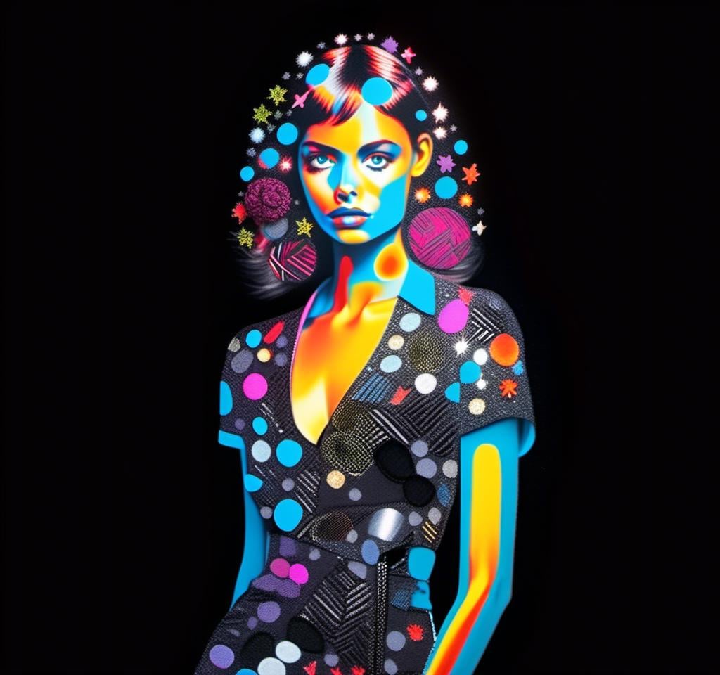 Prompt: A mixed media collage featuring a black and white photograph of a girl that is cut and spliced with mixed media stuff to create a disco inferno vibe. Neon retro disco colors, disco balls, colored lights, disco style and aesthetic utilizing but not limited to paints, enamels, glitters, metallic foils, rhinestones, marker, paintbdrips and spatter, torn or cut paper, folded paper, sequins, shiny holographic finishes explode from the photo of the girl and radiate out into the background <mymodel>