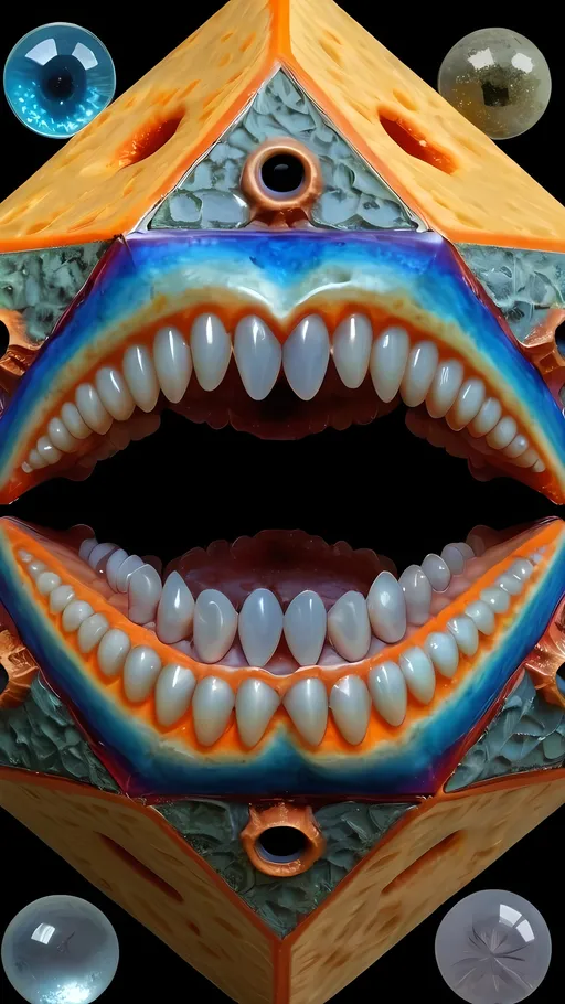 Prompt: Create an extremely hyper-realistic, ultra super textural, weird, trippy, surreal, psychedelic eyes/teeth/mouth pattern/design based on “Great Stellated Dodecahedron” with lots of human eyes (crazy colorful compound psychedelic), rows of human teeth, human lips, and tongues. 

- **Colors**: determined by the properties and expressions of the elements (& their isotopes), minerals, and metals: Nickel (Ni), Aventurine, Chrysoberyl

**Shapes and forms**
- “Great Stellated Dodecahedron”
-other shapes determined by the natural properties and expressions of the elements (& their isotopes), minerals, metals, and biological organisms: diatoms, Nickel (Ni), Aventurine, Chrysoberyl


- **Textures**: Derived from any/all elements (& their isotopes), minerals, metals, crystals, organic things mentioned in this prompt: “Great Stellated Dodecahedron” Nickel (Ni), Aventurine, Chrysoberyl

**Composition and Layout**:
- a pattern/design based on the “Great Stellated Dodecahedron”

**Lighting**lots and lots of bright shining reflective light
- Trichroism


**Detail and Atmosphere**:
- Extreme hyperrealistic sharp high detail high definition organic and mineral textures
- Psychedelic, weird, odd, surreal atmosphere
- Frozen in time

**Additional Elements**:
- extra rows of teeth, lips, many eyes, diatoms, “Great Stellated Dodecahedron” , Aventurescence, Chatoyancy
