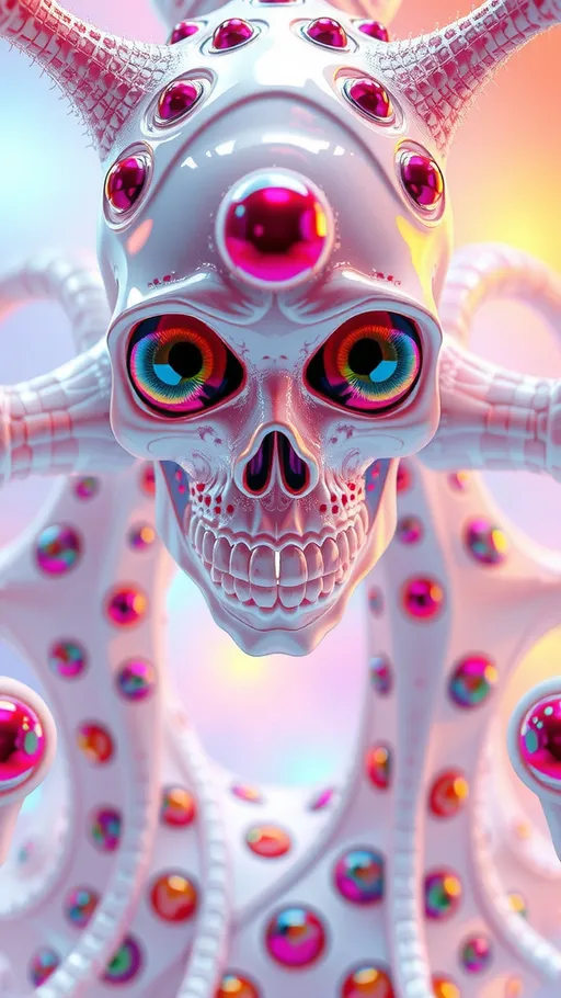 Prompt: an extremely hyper realistic ultra super textural weird trippy surreal psychedelic entity, vicsek fractals, white, translucent, clear, bright bright pastel colors, oil slick rainbow sheen effect, lots and lots of light, lots of crazy colorful compound psychedelic human eyes, rows of human teeth, fungus, atoms, diatoms, vicsek fractal