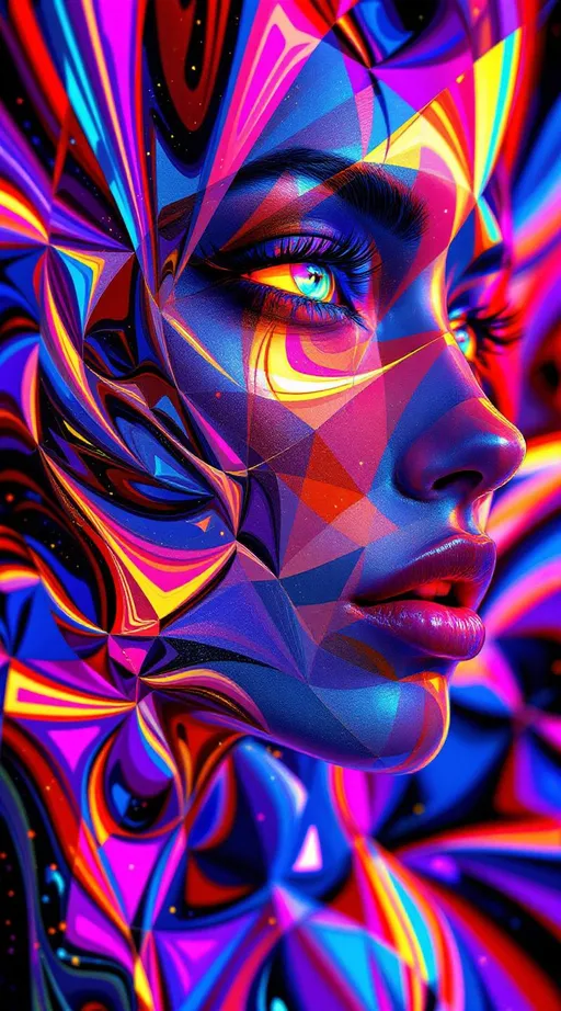 Prompt: A hyper-stylized female face tessellated through recursive logic, unfolded across a non-Euclidean manifold. Her features form spatial paradoxes—eyes as limit cycles orbiting strange attractors, lips drawn along geodesics in negative curvature, cheekbones rippling through warped Hilbert folds. The face is embedded in a dual-phase lattice: the Fractal Memory Field and the Chromaflux Constraint Net. Harsh rainbow lighting fractures across every contour, with harsh sparkles diffracting through dimensional folds. Tiling patterns and tessellations propagate along curved hypersurfaces—nested Penrose tiles, hyperbolic grids, and aperiodic spirals—woven into a Klein-braid of iridescent syntax. Color does not blend but diffracts—looping through auroral filaments and spectral braid-knots across the fractal mesh. Each recursion modulates both form and chroma-phase: a toroidal veil folding into Möbius arcs, recursive torques embedding glyphs into self-referencing hyperspace. Her expression flickers—a symbolic attractor encoded on a Riemann-folded visage. Maximalist, ultra-bright, recursively warped, spatially non-orientable—a consciousness sculpted in chaotic feedback, suspended in chromatic topology.”