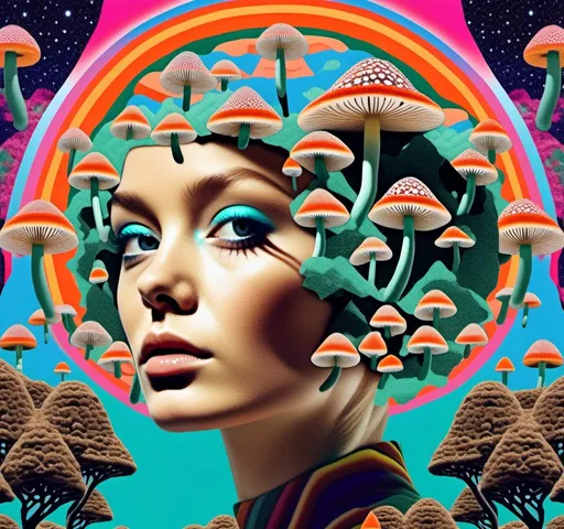 Prompt: a psychedelic collage reminiscent of 70s psychedelic sci fi collage artwork celebrating a girl on mushrooms. It is to feature a photograph of a woman with blond curly hair that is edited by splicing it with other images from photographs, magazines, newspapers, illustrations/paintings to create the impression she is high on magic mushrooms. The work will include such elements as a psychedelic 3rd eye open, stars and planets, trippy optical illusions and patterns, psilocybin cubensis mushrooms, fractals, UFOs, aliens, geometric shapes, auras, rainbow spectrums, sacred geometry, trippy drippy stuff, psychedelic hallucinations, open eyes, landscapes of astral worlds<mymodel>