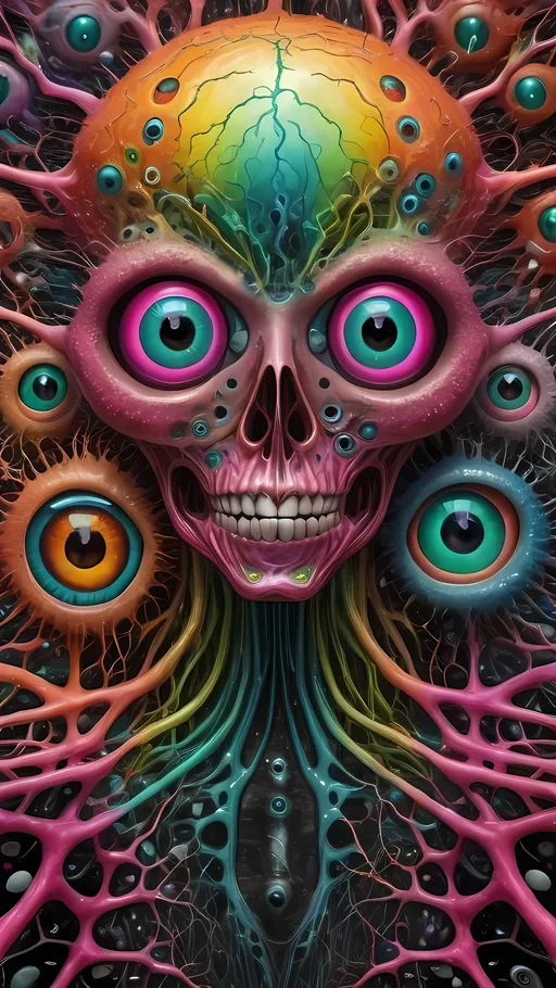 Prompt: an extremely hyper realistic ultra super textural weird trippy surreal psychedelic entity, crazy psychedelic compound human eyes, neurons, synapses, Chladni Figures, nervous system, chemicals, rows of human teeth, translucent black, hot pink, pinks, silver, yellow, orange, green, teal, copper, Gyroid Structures, oil slick rainbow sheen effect, Chladni Figures
