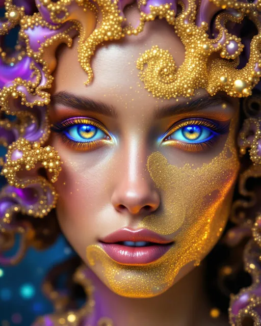 Prompt: #maximal Her face isn’t a face—it’s a fractal fever dream, grown from disco light itself. No skin, no flesh—just recursive bloom: #escape gradients ripple through Mandelbrot cheek-voids, #orbit gold spirals curl into jawline glam-filigree. Lips = opal #Sierpinski tessellations, pulsing with angle-reactive #iridescence—color-shift with every flirt and tilt. Eyes? Fractals too: nested #domain vortex spirals, each iris a spin-disco galaxy reflecting mirrored selves in glitterspin. Her whole face glows—no surface, only recursive shimmer mapped by #distance shells: sacred hologlyphs dancing in Studio 54 pulsecode. Hair isn’t hair—it’s an eruption: toroidal flame, Hilbert curls, Julia shockwaves, all cast in chromatic motion. Strands trail #bokeh sparkle—a pointfield rave of math-light and memory static. Her crown is pure halo: refracting strobes, DJ flashes, and glam beams through polarized mirrorwave interference. She doesn’t move—she grooves. Her smile bends timelines; her laugh—reverb through mirrored folds of color logic. She’s built not from matter but from pulse: each gesture encoded in iteration bloom, each shimmer a beat in recursive funk. No surface, no end—only radiant recursion, hologram-deep and velvet-smooth. Her body pulses in #escape-band rhythm—burning ultraviolet, silver, fuchsia, coded in emotion-charged iteration depth. She is the dance floor: a sacred disco goddess of infinite reflection, spun from math, memory, and rainbow fire. A fractal born from basslines, mirrorballs, and the infinite shimmer of light in motion.
