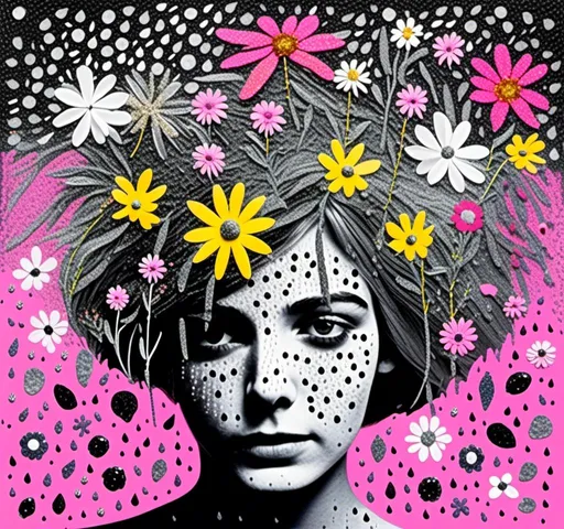 Prompt: <mymodel>Girl sprouting wildflowers in summer rain, mixed multimedia medium, black and white, halftone photo, detailed wildflowers, paint, enamel, glitter, sparkles, foils, magazine pages, cut/folded paper, rhinestones, thread, high quality, detailed, mixed media, black and white, halftone, summer rain, vibrant wildflowers, artistic, creative, intricate details, serene atmosphere, professional lighting, captivating composition