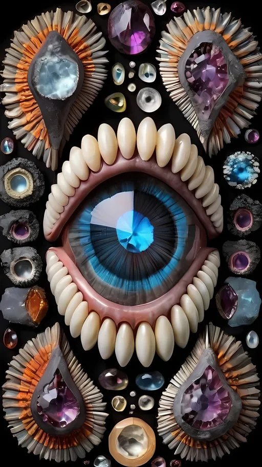 Prompt:  An extremely hyper-realistic, ultra-textural, weird, trippy, surreal, psychedelic pattern/design featuring eyes, teeth, mouths, & tongues. The design should be based on the “Mandelbrot” & “op art tiling” concepts, w/ an abundance of human eyes (crazy colorful compound psychedelic), rows of human teeth, human lips, & the elements, minerals, organisms: 
- titanium 
- silver
- Labradorite
- amethyst 
- moonstone
- black tourmaline
- clear quartz

**colors/lighting/Shapes/Forms/Textures**: 
- Main form: “Mandelbrot”
- Additional colors/shapes/forms/textures/arrangements determined by the natural properties/expressions of the listed elements, minerals, metals, & biological organisms. Capture their crystal structures, atomic arrangements, & natural formations. Express their raw, rough, & detailed textures, including crystal structures, surface finishes, & unique textural properties.
- Express the shapes, forms, structures, & arrangements of the listed elements, minerals, pigments, crystals, or biological organisms.
- Reflect intricate crystal structures, atomic arrangements, & natural formations.
- Integrate unique textural properties & surface characteristics into the pattern.
- Arrangement influenced by natural aggregates/combinations, creating a cohesive design.
-Intense, bright, reflective light
- Express the various lighting properties, effects, & illusions of listed elements, minerals, biological entities, & crystals.
- Capture interactions w/ light, including reflections, refractions, iridescence, & other optical phenomena. Use lighting to emphasize intricate details, textures, shapes, & forms.

