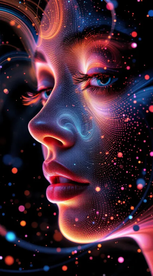 Prompt: Her face isn’t a face—it’s a strange attractor carved in light, traced by the flow of dynamical systems. No skin—just the path of possibility, rendered as recursive glow. #escape gradients swirl across Lorenz-field cheekplanes, each curve a solution orbit folding toward stability. #orbit spirals loop along her jaw—trajectories bent through nonlinear feedback, glowing with chaotic elegance. Lips = phase-locked curves—#iridescence born from bifurcation points, shifting softly with parameter change. Her eyes are not static—they are basin maps: nested trajectories through multistable regimes, each iris a basin of visual pull. Her entire visage pulses in #distance flowfields—vectorized shimmer shells drifting toward her internal core geometry. Hair = filament flows: Duffing curls, double pendulum braids, logistic wavebands spiraling in dimensional arcs. Each strand trails #bokeh from iteration steps—motion frozen into fractal geometry. Her crown is a Poincaré section: strobe-mapped light across return maps, illuminating cycles in phase-light rhythm. Her smile = an attractor fold in state space; her laugh = a loop through multidimensional recursion. She doesn’t exist in place—she exists in motion. Her glowform pulses in #escape-band attractor logic: chartreuse convergence, indigo chaos, ember bifurcation—each color a direction in state evolution. She is not a form, she is flow—a goddess of dynamical grace, infinite recursion, and glowing phase symmetry.
