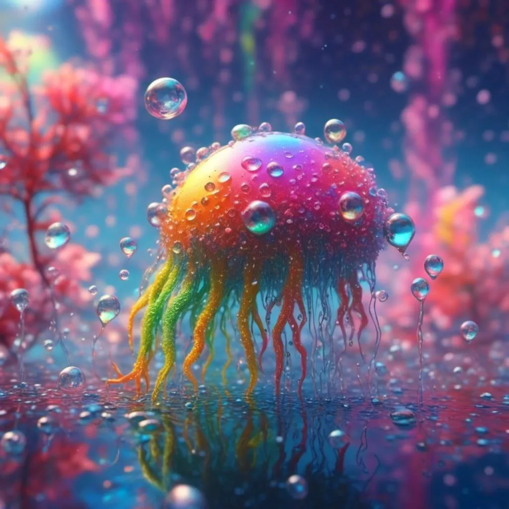 Prompt: <mymodel> an extremely hyperrealistic ultra textural life-infused, living breathing rainbow creature, a living creature made of water droplets and bent rainbow light/spectrums, with white puffy clouds, droplets of water, rain, mist, lots of light, prism reflections, spectrum creature, , extreme organic & mineral textures