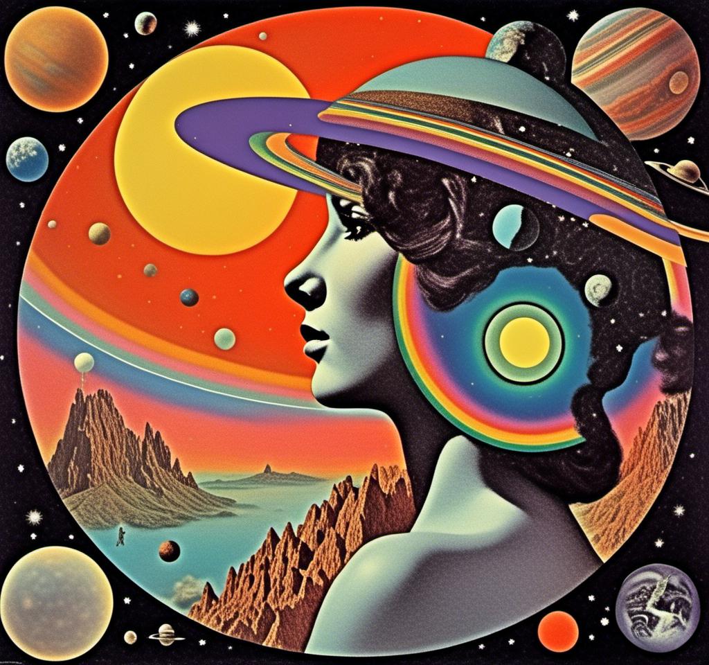 Prompt: A vintage 70s psychedelic collage with the theme “astral vacation”- incorporate themes of astral projection, the astral plane, the silver cord, use an astral brilliantly but sometimes muted opalescent color palette, & combine it all with planets, orbs, optical illusions and psychedelic trippy patterns, color spectrums as a surreal vintage psychedelic collage<mymodel>