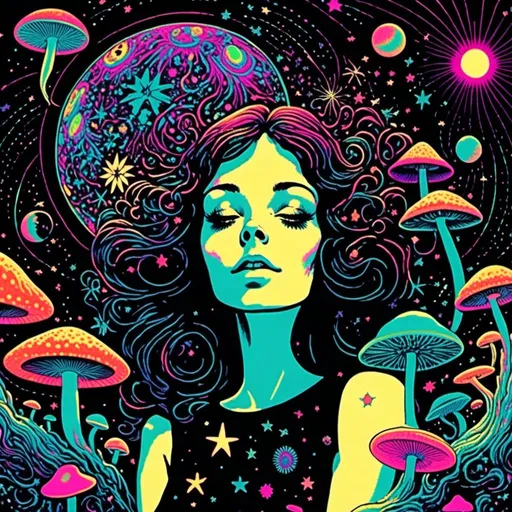 Prompt: <mymodel>Vintage 70s black light poster art illustration, girl hallucinating in space, psychedelic mushrooms, planets, moons, stars, fractals, vibrant colors, intense black light effects, detailed psychedelic girl, cosmic atmosphere, high quality, psychedelic, vintage, space, vibrant colors, fractal details, hallucination, girl illustration, retro art style, cosmic lighting