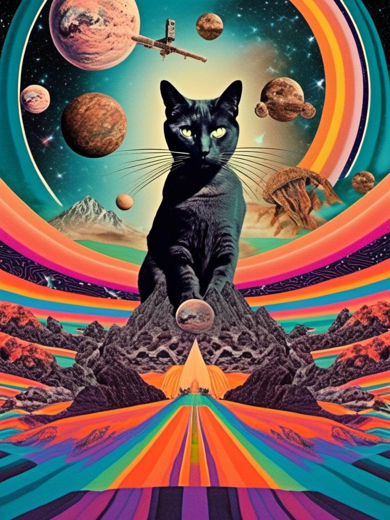 Prompt: a psychedelic collage with a vintage 70s sci-fi animation feel to it except the subject matter will be CATS IN SPACE! The collage will have elements of photography, illustration, trippy patterns and optical illusions, alien landscapes, strange trippy planets, UFOs,, meteors, all cut and spliced together in a psychedelic collage style <mymodel>