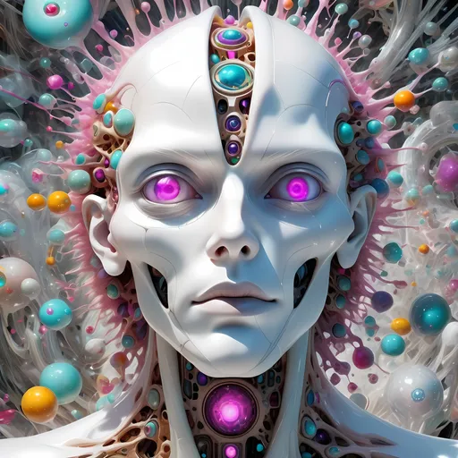 Prompt: a translucent white many sided multidimensional extra dimensional geometric shape churning through many extra dimensions etherically, covered in eyes, biological and mechanical simultaneously with random pops of brilliant vibid psychedelic color 