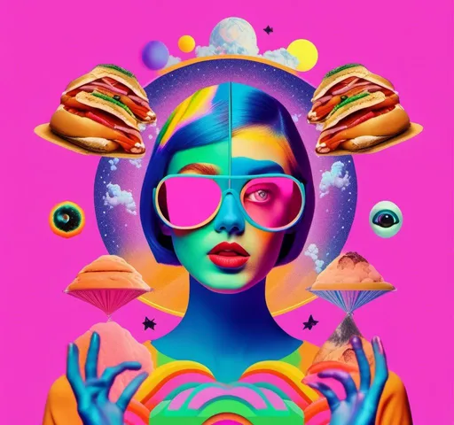 Prompt: a psychedelic collage with a vintage 70s sci animation feel to it except the theme is 90s internet memes. It is to be a collage of photographs and illustrations, outer space, planets, landscapes, optical illusion patterns, geometric shapes, eyes, hands, body parts, with rainbows, 404 error warnings, hamsters, cats, hot dogs, hamburgers, llamas, pickles, candy, chips, pixels, orbs, 90s style iconography spliced together with a vintage 70s psychedelic collage effect<mymodel>