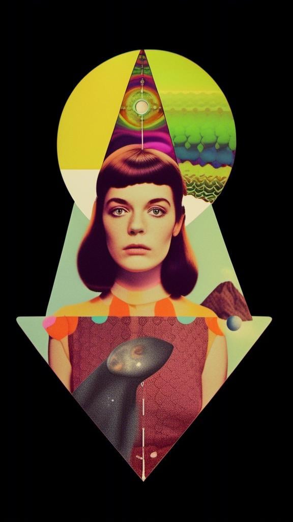 Prompt: a vintage 70s surreal psychedelic collage featuring a photograph of a young woman - it has a vintage 70s surreal science fiction art house feel to it. The photograph is cut out and edited into a collage made up of other photographs and art and feature things such as eyes, psychedelic third eyes, planets and stars, desert alien landscapes and mountains, psychedelic trippy patterns and optical illusions, psychedelic mushrooms, cats, UFOs, etc all mixed up together to create a surreal psychedelic collage effect<mymodel>