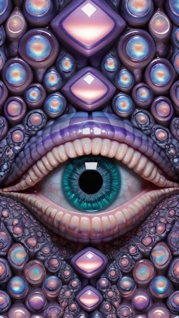 Prompt: Create an extremely hyper-realistic, ultra super textural, weird, trippy, surreal, psychedelic eyes/teeth/mouth pattern/design based on Mandelbrot & “Op Art tiling” with lots of human eyes (crazy colorful compound psychedelic), rows of human teeth, human lips, and tongues. 

- **Colors**: determined by the properties and expressions of the elements (& their isotopes), minerals, and metals: opal, moonstone, amethyst, rose quartz, Platinum (Pt)

**Shapes and forms**
- Mandelbrot 
- "Op Art tiling" 
-other shapes determined by the natural properties and expressions of the elements (& their isotopes), minerals, metals, and biological organisms: opal, moonstone, amethyst, rose quartz,  Platinum (Pt)


- **Textures**: Derived from any/all elements (& their isotopes), minerals, metals, crystals, organic things mentioned in this prompt: opal, moonstone, amethyst, rose quartz, Platinum (Pt)

**Composition and Layout**:
- a pattern/design based on the Op Art tiling & Mandelbrot 

**Lighting**:
- lots of bright light
- Phosphorescence

**Detail and Atmosphere**:
- Extreme hyperrealistic sharp high detail high definition organic and mineral textures
- Psychedelic, weird, odd, surreal atmosphere
- Frozen in time

**Additional Elements**:
- extra rows of teeth, lips, many eyes, Op Art tiling, Mandelbrot 
