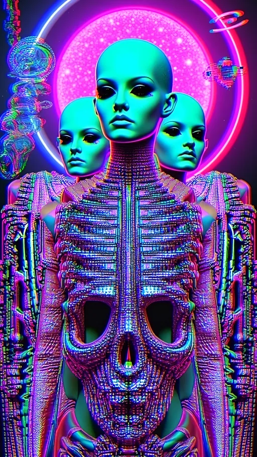 Prompt: **Space Hos - AI Art Prompt**

Create a totally glitched out artwork featuring the phrase "Space Hos" in a bold, sassy, girly futuristic tech font. The scene is populated by multiple striking green-skinned alien females, each exuding attitude and confidence. They are dressed in avant-garde high fashion with a futuristic edge, showcasing an array of intricate accessories that highlight their alien allure.

Each alien boasts a slightly conical-shaped bald head and large, almond-shaped black eyes, adding to their enigmatic charm. They pose with sass and poise, making a statement in the cosmic landscape.

Incorporate a vibrant UFO in the background, teeming with colorful lights that illuminate the scene. The setting is a bustling outer space landscape, complete with an alien planet, swirling asteroids, and cosmic phenomena. Alien glyphs are seamlessly integrated into the design, adding a mysterious layer.

The entire composition is busy and detailed, with every inch filled with tiny elements that captivate the viewer's attention. From the smallest star to the grandest asteroid, the scene is a masterpiece of cosmic chaos and extraterrestrial elegance. Finish it off with lots of different types of computer glitches/noise/data/computer screen effects