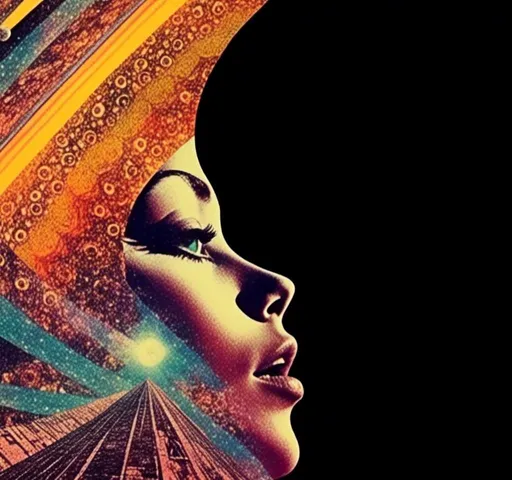 Prompt: <mymodel>Psychedelic trippy collage with a surreal vintage 70s sci-fi feel, vibrant colors, retro futuristic elements, surreal landscapes, detailed psychedelic patterns, high quality, vintage sci-fi, mixed with photograph of a woman with blond curly hair, geometric shape and optical illusions, vibrant colors, surreal, detailed patterns, trippy, collage, 70s, retro futuristic, surreal landscapes, detailed, atmospheric lighting