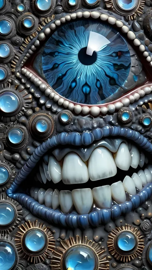 Prompt:  An extremely hyper-realistic, ultra-textural, weird, trippy, surreal, psychedelic pattern/design featuring eyes, teeth, mouths, & tongues. The design should be based on the “Mandelbrot” & “op art tiling” concepts, w/ an abundance of human eyes (crazy colorful compound psychedelic), rows of human teeth, human lips, & the elements, minerals, organisms: 
- titanium 
- silver
- Labradorite
- blue lace agate 
- moonstone
- silicon
- oxygen
- hydrogen

**colors/lighting/Shapes/Forms/Textures**: 
- Main form: “Mandelbrot”
- Additional colors/shapes/forms/textures/arrangements determined by the natural properties/expressions of the listed elements, minerals, metals, & biological organisms. Capture their crystal structures, atomic arrangements, & natural formations. Express their raw, rough, & detailed textures, including crystal structures, surface finishes, & unique textural properties.
- Express the shapes, forms, structures, & arrangements of the listed elements, minerals, pigments, crystals, or biological organisms.
- Reflect intricate crystal structures, atomic arrangements, & natural formations.
- Integrate unique textural properties & surface characteristics into the pattern.
- Arrangement influenced by natural aggregates/combinations, creating a cohesive design.
-Intense, bright, reflective light
- Express the various lighting properties, effects, & illusions of listed elements, minerals, biological entities, & crystals.
- Capture interactions w/ light, including reflections, refractions, iridescence, & other optical phenomena. Use lighting to emphasize intricate details, textures, shapes, & forms.

