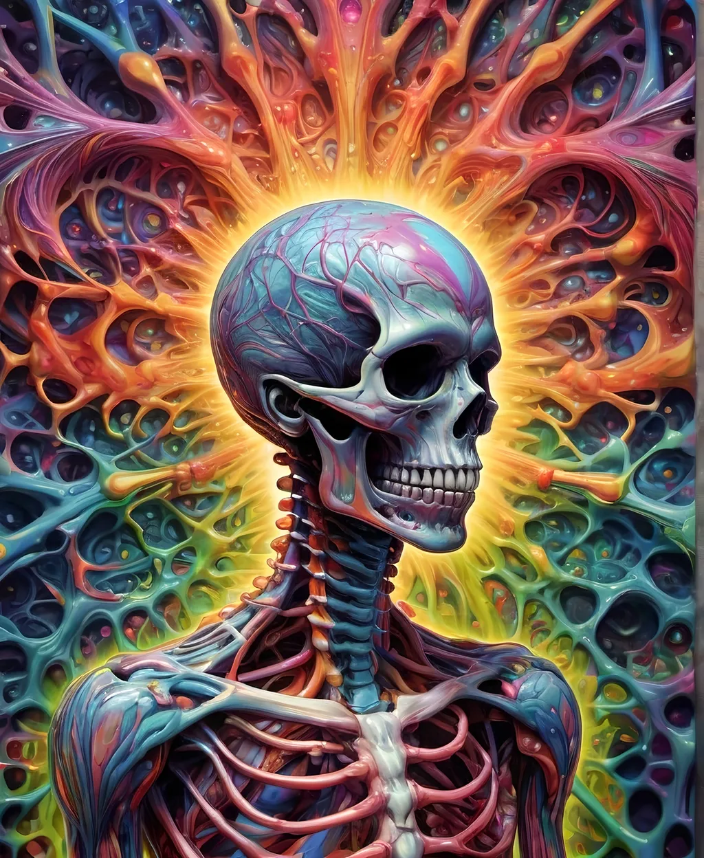 Prompt: Psychedelic hallucination, human being/body melting psychedelicly - skeleton, muscular system, muscles, bones, organs, guts melting, oozing, dissolving into fractals. 9of reality melting, ego death, melty, melting, drippy, drips dripping, Ooze, oozing, Alex grey, fractals, visionary, psychedelic, trippy, weird