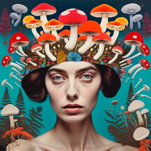 Prompt: <mymodel>Mixed media collage of a beautiful woman, mushroom headpiece, surreal atmosphere, vibrant colors, high quality, mixed media collage, surreal, vibrant colors, detailed facial features, ethereal lighting