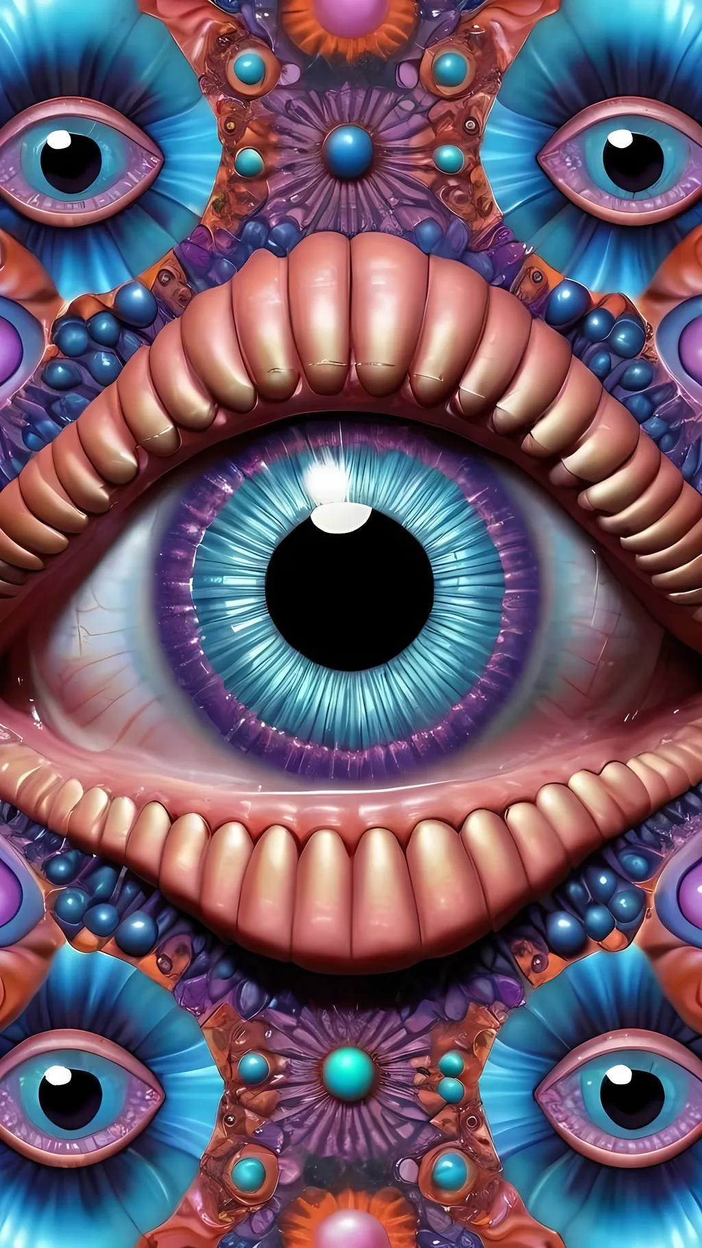 Prompt: Create an extremely hyper-realistic, ultra super textural, weird, trippy, surreal, psychedelic eyes/teeth/mouth pattern/design based on Mandelbrot & “Op Art tiling” with lots of human eyes (crazy colorful compound psychedelic), rows of human teeth, human lips, and tongues. 

- **Colors**: determined by the properties and expressions of the elements (& their isotopes), minerals, and metals: opal, moonstone, amethyst, rose quartz, Platinum (Pt)

**Shapes and forms**
- Mandelbrot 
- "Op Art tiling" 
-other shapes determined by the natural properties and expressions of the elements (& their isotopes), minerals, metals, and biological organisms: opal, moonstone, amethyst, rose quartz,  Platinum (Pt)


- **Textures**: Derived from any/all elements (& their isotopes), minerals, metals, crystals, organic things mentioned in this prompt: opal, moonstone, amethyst, rose quartz, Platinum (Pt)

**Composition and Layout**:
- a pattern/design based on the Op Art tiling & Mandelbrot 

**Lighting**:
- lots of bright light
- Iridescence

**Detail and Atmosphere**:
- Extreme hyperrealistic sharp high detail high definition organic and mineral textures
- Psychedelic, weird, odd, surreal atmosphere
- Frozen in time

**Additional Elements**:
- extra rows of teeth, lips, many eyes, Op Art tiling, Mandelbrot, Iridescence
