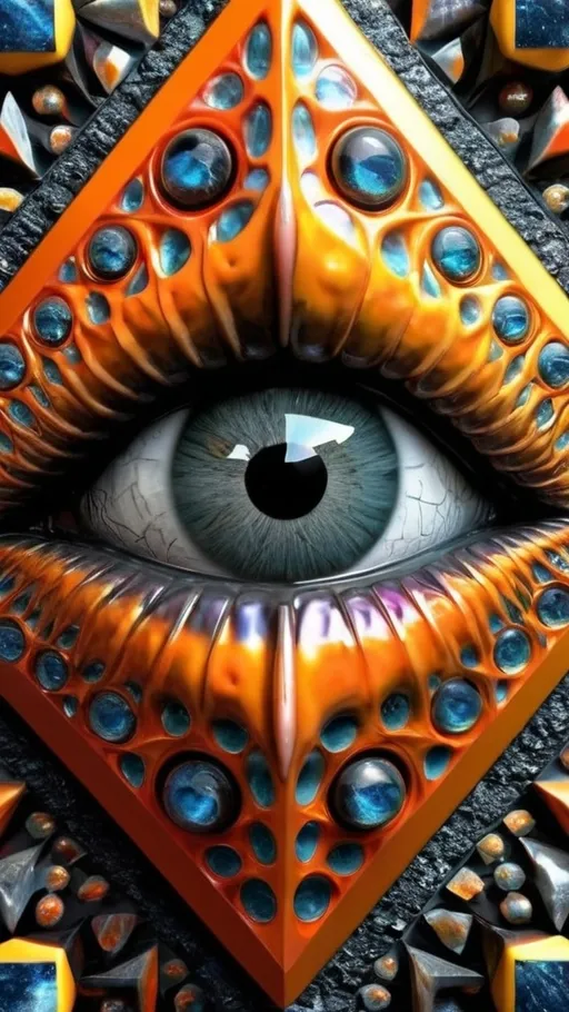 Prompt: Create an extremely hyper-realistic, ultra super textural, weird, trippy, surreal, psychedelic eyes/teeth/mouth pattern/design based on “Tetrahedron Fractal” & “op art tiling” with lots of human eyes (crazy colorful compound psychedelic), rows of human teeth, human lips, and tongues. 

- **Colors**: determined by the natural properties and expressions of the elements (& their isotopes), raw rough minerals, and metals: Molybdenum (Mo), Sphalerite, Orpiment, obsidian, sulfur, Heliodor

**Shapes and forms**
- main form: “Tetrahedron Fractal”
-other shapes determined by the natural properties and expressions of the elements (& their isotopes), raw rough minerals, metals, and biological organisms: Molybdenum (Mo), Sphalerite, Orpiment, obsidian, sulfur, Heliodor

- **Textures**: Derived from any/all elements (& their isotopes), minerals, metals, crystals, organic things mentioned in this prompt: “Tetrahedron Fractal”, Molybdenum (Mo), Sphalerite, Orpiment, obsidian, sulfur, Heliodor

**Composition and Layout**:
- a pattern/design based on the “Tetrahedron Fractal”

**Lighting**
- lots and lots of bright shining reflective light


**Detail and Atmosphere**:
- Extreme hyperrealistic sharp high detail high definition organic and mineral textures
- Psychedelic, weird, odd, surreal atmosphere
- Frozen in time

**Additional Elements**:
- extra rows of teeth, lips, many eyes, “Tetrahedron Fractal”, Aventurescence, Chatoyancy
