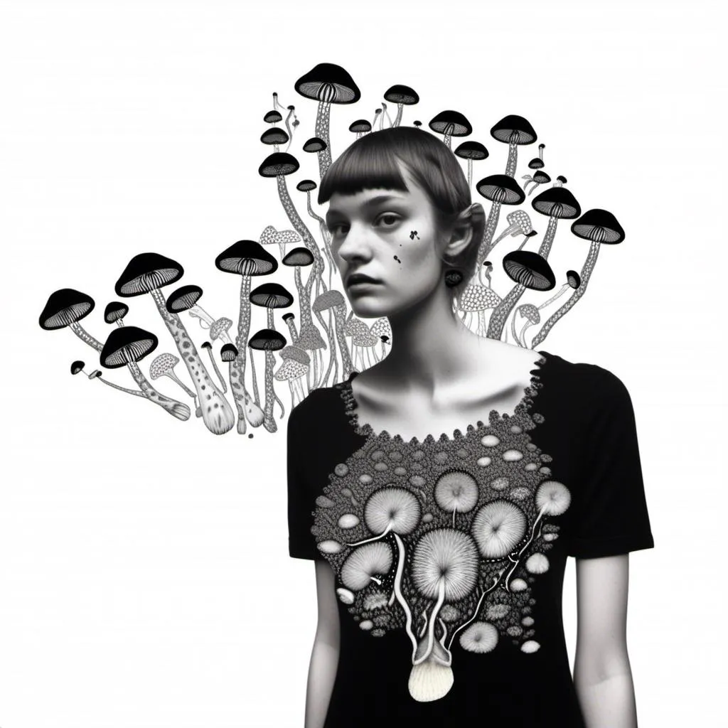 Prompt: a mixed media collage of a girl wearing or growing mushrooms/fungus as clothing body parts and accessories. She is a black and white or halftone photograph, the mushrooms and fungal growths are to be mixed media, including but not limited to paint, enamel, foils, glitter, sparkle, sequins, found objects, natural items, rhinestones etc <mymodel>