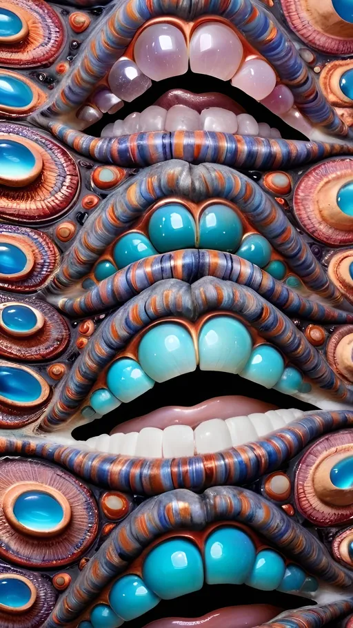 Prompt: Create an extremely hyper-realistic, ultra super textural, weird, trippy, surreal, psychedelic eyes/teeth/mouth pattern/design based on Triskelion & “Op Art tiling” with lots of human eyes (crazy colorful compound psychedelic), rows of human teeth, human lips, and tongues. 

- **Colors**: determined by the properties and expressions of the elements (& their isotopes), minerals, and metals: Helium (He), opal, moonstone, Kunzite, Fluorite, selenite, rose quartz, Palladium (Pd), “Fusarium verticillioides”, Hematite

**Shapes and forms**
- Triskelion 
- "Op Art tiling" 
-other shapes determined by the natural properties and expressions of the elements (& their isotopes), minerals, metals, and biological organisms: Helium (He), opal, moonstone, Kunzite,  Fluorite, selenite, rose quartz,  Palladium (Pd), “Fusarium verticillioides”, Hematite


- **Textures**: Derived from any/all elements (& their isotopes), minerals, metals, crystals, organic things mentioned in this prompt: Helium (He), opal, moonstone, Kunzite, Fluorite,  selenite, rose quartz, Palladium (Pd), “Fusarium verticillioides”, Hematite

**Composition and Layout**:
- a pattern/design based on the Op Art tiling & Triskelion 

**Lighting**:
- lots of bright light
- Iridescence
- Aventurescence
- Chatoyancy
- Asterism

**Detail and Atmosphere**:
- Extreme hyperrealistic sharp high detail high definition organic and mineral textures
- Psychedelic, weird, odd, surreal atmosphere
- Frozen in time

**Additional Elements**:
- extra rows of teeth, lips, many eyes, Op Art tiling, Triskelion, Iridescence, Aventurescence, Chatoyancy
