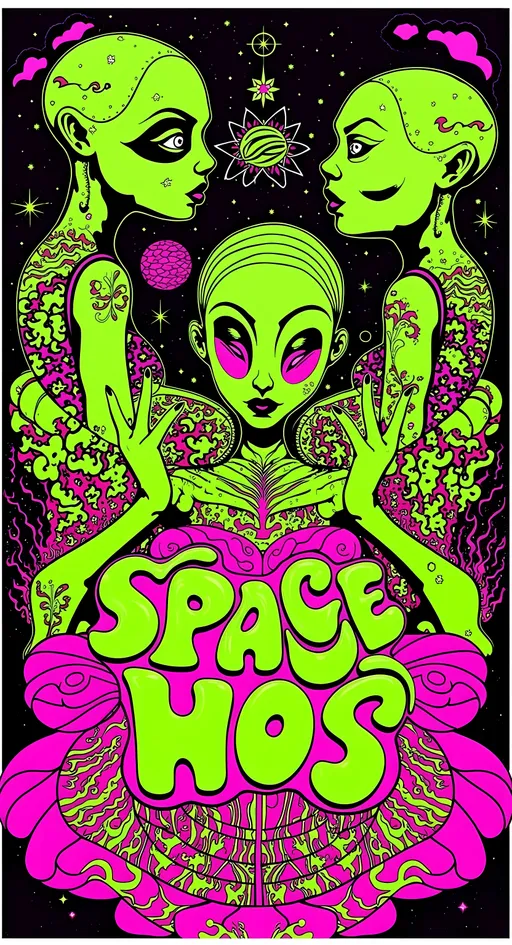 Prompt: **Space Hos - AI Art Prompt**

Create an artwork featuring the phrase "Space Hos" in a bold, sassy, girly futuristic tech font. The scene is populated by multiple striking green-skinned alien females, each exuding attitude and confidence. They are dressed in avant-garde high fashion with a futuristic edge, showcasing an array of intricate accessories that highlight their alien allure.

Each alien boasts a slightly conical-shaped bald head and large, almond-shaped black eyes, adding to their enigmatic charm. They pose with sass and poise, making a statement in the cosmic landscape.

Incorporate a vibrant UFO in the background, teeming with colorful lights that illuminate the scene. The setting is a bustling outer space landscape, complete with an alien planet, swirling asteroids, and cosmic phenomena. Alien glyphs are seamlessly integrated into the design, adding a mysterious layer.

The entire composition is busy and detailed, with every inch filled with tiny elements that captivate the viewer's attention. From the smallest star to the grandest asteroid, the scene is a masterpiece of cosmic chaos and extraterrestrial elegance.