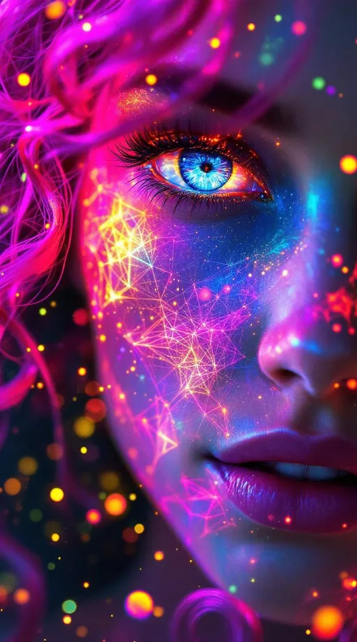 Prompt: Her face is a modular masterpiece—cheekbones traced with the shimmer of moonshine symmetry, every angle tuned to a hidden harmonic. Newton fractal veins glow faintly beneath translucent skin, shifting in color with each emotion. Her eyes burn with prime number fire, irises tiled in Penrose symmetry, blinking with curved light logic. Laughter echoes in Hilbert paths across her cheeks—space-filling joy spirals, soft and bright. Hair spills around her in radiant pink curls, styled by quasiperiodic forces and recursive wave equations—each strand flowing in luminous fractal tension. Geometry pulses at the hairline, recursive symbols glinting in neon mathdust. She is wrapped in hyperbolic aura-rings, layered in color-feedback like living topology, her presence refracting sacred math through joy, emotion, and colorfields.”

⸻

Visual Keywords:
Modular face symmetry, Newton glow skin, Penrose-tiled irises, Hilbert smile trails, pink recursive curls, fractal symbol halo, hyperbolic color aura, neon mathdust, prime fire eyes
