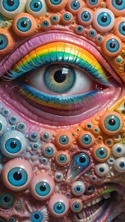 Prompt: an extremely hyper realistic ultra super textural weird trippy surreal psychedelic entity, cantor dust, white, translucent, clear, bright bright pastel colors, oil slick rainbow sheen effect, lots and lots of light, lots of crazy colorful compound psychedelic human eyes, rows of human teeth, fungus, atoms, diatoms, cantor dust