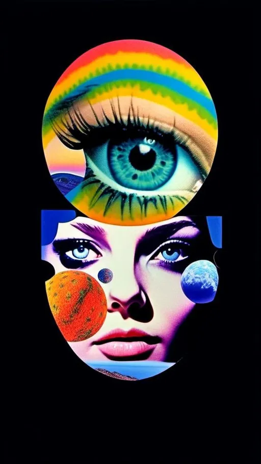 Prompt: a vintage 70s surreal psychedelic collage featuring a photograph of a young woman - it has a vintage 70s surreal science fiction art house feel to it. The photograph is cut out and edited into a collage made up of other photographs and art and feature things such as eyes, psychedelic third eyes, planets and stars, desert alien landscapes and mountains, psychedelic trippy patterns and optical illusions, psychedelic mushrooms, cats, UFOs, etc all mixed up together to create a surreal psychedelic collage effect<mymodel>