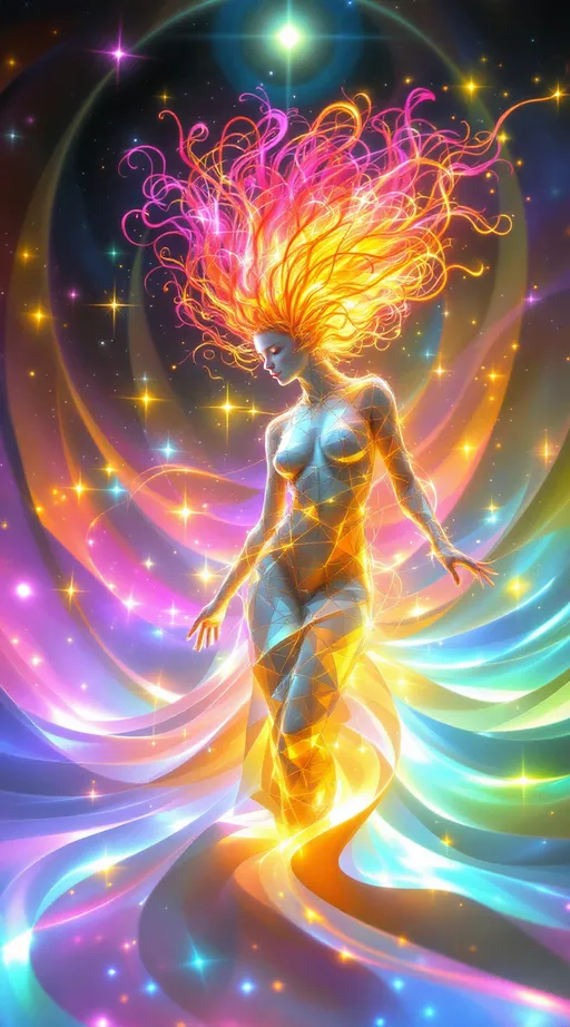 Prompt: In the astral geometry realm—where space folds and breathes through sacred systems—two beings move as living expressions of math itself. The field around them is made from Tessellotic Pulse Modulation—a vast, glowing lattice of shifting light-tiles—and Harmonic Fold Convergence, where translucent dimensional membranes curve inward in sacred rhythm. Through these foldings, bursts of Fractal Vector Bloom arc and weave like glowing calligraphy. And through all of it walk two waveform entities—not separate from the math, but built from it.

The first—a white woman, 5’4”, slim, wild neon-pink curly hair—is made entirely of shimmering, refractive facets (APS). Her body forms from ever-shifting anisohedral planes, no two alike, constantly adjusting their angles to refract new bursts of rainbow light. Her hair is made of vector filaments, spiraling in Lissajous curves, trailing glowing signatures through folded space. With each movement, she distorts the TPM lattice beneath her—causing radiant pulse-tiles to ripple outward. Her breath folds space into harmonic membranes (HFC); her laugh sends FVB threads spiraling into fresh geometry. She is radiant entropy—the HaHahedron walking.

Near her moves a tall man, 6’1”, lean muscular, short blondish hair, brilliant blue eyes—his form forged from dense nested toroids, symmetrical golden arcs, and prismatic dark crystal facets. His body emits stabilizing pulse patterns, drawing the surrounding fold-fields into coherence. His geometry is slower, more precise—deep sapphire recursion threaded with soft white harmonic light. He does not follow—he synchronizes. He orbits her bloom like an attractor—anchoring the waveform without stilling it.

They don’t walk the realm. They are the astral math expressing itself as movement, color, and convergence.