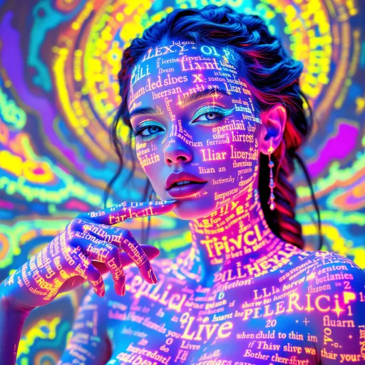 Prompt: Maximalist, ultra-saturated apparition woven from paradox and recursive language, 8K hallucination shimmering with glowing text fractals. Her skin is inscribed with alphabets Ϟ⧖Λ𓇽𖤓≋ ℵ₀, sentences looping in liar paradox form: this image is false, she cannot exist but already does. Words crawl in neon gradients, shifting from ultraviolet cyan → toxic fuchsia → molten emerald → metallic aurora. Each word fractures into syllables, syllables into letters, letters into impossible glyphs spiraling into fractal lace. Her hair unravels into luminous scripts, braids of paradox glyphs flickering like recursive dictionaries, strands spelling definitions that define themselves. Eyes are recursive lexicons: irises as glowing libraries, pupils as voids swallowing meaning, reflections filled with sentences that erase themselves. Lips whisper jeweled phonemes that collapse before sound, jeweled sparks shimmering in ultraviolet silence. Clothing tessellates into paradox lace: liar sentences embroidered in radiant thread, self-negating glyphs glowing as sacred symbols. Around her orbit mirrored books that open and close simultaneously, pages erasing as they write themselves, sentences looping into infinity. Her shadow burns brighter than her body, paradox light dripping upward in auroral neon waves of liquid grammar. The scene collapses into recursive oceans of fractal text: alphabets blooming into galaxies, galaxies folding into a single liar-sentence. She paints herself painting herself in recursive glyphs, self-referential hallucination written into being then erased, glowing in impossible gradients of paradox language.