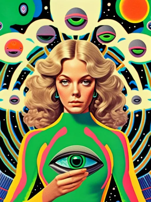 Prompt: A trippy vintage 70s psychedelic sci-fi analog cut and paste collage of a girl with long blond curly hair and UFOs, aliens, extraterrestrial little green men, alien grey, optical illusions/psychedelic patterns/alien A trippy vintage 70s psychedelic sci-fi analog cut and paste collage of a girl with long blond curly hair and UFOs, aliens, extraterrestrial little green men, alien grey, optical illusions/psychedelic patterns/alien <mymodel>psychedelic landscapes,space scenes, asteroids, ufo, greet, orange, hot pink, black, white