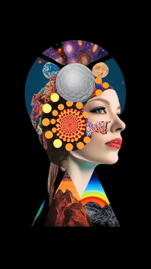 Prompt: <mymodel>Psychedelic collage of a woman, spliced and edited with psychedelic planets, cats, and UFOs, a psychedelic open third eye, pickles, photos of mushrooms of all kinds and colors, trippy optical patterns, incorporating paint, enamel, and found objects, black and white optical illusions, high quality, surreal, vibrant colors, trippy, psychedelic, detailed collage, cosmic theme, colorful lighting surreal collage