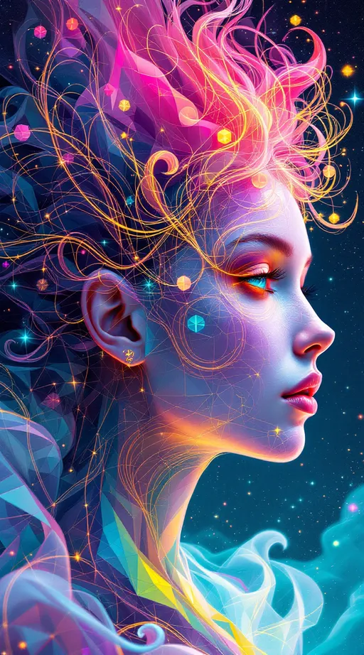 Prompt: A La Planète Sauvage–style illustration of Merry and Derek in their pre-incarnate forms—no flesh, only pure geometry, fractals, and light. She is a radiant female entity formed from layered Mandelbrot spirals, blooming superformula curls, and nested translucent polyhedra. Her wild pink hair becomes plasma filaments arcing in golden-ratio helices, every strand etched with glowing math. Her body pulses with rainbow geometry—opalescent pinks, mint, lemon gold, lavender—flowing like emotion made visible.

He is her male counterpart, constructed of harmonic order: Derek appears as a lean lattice of magnetic symmetry—black-silver tessellations, Klein bottle musculature, and folded moiré fields. His bright cobalt eyes are vortex-like emitters of silent resonance, stabilizing the fractal storm she stirs. His form is angular, controlled, vibrating with structured calm.

They drift through the astral dimension of geometry: no ground, no sky—just glowing manifolds, orbiting tesseracts, and endless glyphs. Between them rotates a living rhombic dodecahedron—its faces open and fold, revealing memory encoded in light. They don’t speak—they transmit, ripple, orbit.

The space is saturated with probability fog, spectral logic, and sacred color math: glitched symmetry folds, Penrose tilings, tensor fields. Vast math-creatures drift through—wings made of fractal membranes, bodies formed from shifting constants.

Merry and Derek move as waveform and anchor, light and structure—resonant opposites, dancing in sacred orbit before matter.

Style: Hand-drawn La Planète Sauvage surrealism. Analog texture + glowing holofractal geometry. Her: radiant rainbow math. Him: dark harmonic structure.