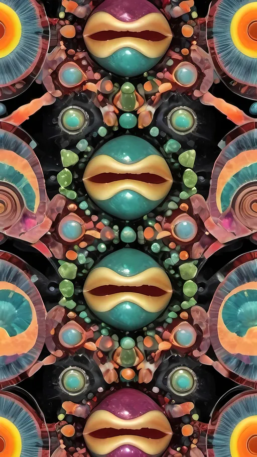 Prompt: Create an extremely hyper-realistic, ultra super textural, weird, trippy, surreal, psychedelic eyes/teeth/mouth pattern/design based on the “Mandelbrot ” & “op art tiling” with lots of human eyes (crazy colorful compound psychedelic), rows of human teeth, human lips, and tongues. 

- **Colors**: determined by the natural properties and expressions of the elements (& their isotopes), raw rough minerals, and metals:
- Molybdenum (Mo)
- brass
- Rhodonite
-sulfur
- Wulfenite
-“Cobaltoan Calcite“
- Tsavorite
- peridot
- “Black Kyanite“
- Hematite

**Shapes and forms**
- main form: “Mandelbrot”
-other shapes determined by the natural properties and expressions of the elements (& their isotopes), raw rough minerals, metals, and biological organisms: 
- “Hyperbolic Plane”
- Molybdenum (Mo)
- brass
- Rhodonite
-sulfur
- Wulfenite
-“Cobaltoan Calcite“
- Tsavorite
- peridot
- “Black Kyanite“
- Hematite

- **Textures**: Derived from any/all elements (& their isotopes), minerals, metals, crystals, organic things mentioned in this prompt: 
- “Mandelbrot”
- Molybdenum (Mo)
- brass
- Rhodonite
-sulfur
- Wulfenite
-“Cobaltoan Calcite“
- Tsavorite
- peridot
- “Black Kyanite“
- Hematite

**Composition and Layout**:
- a pattern/design based on “Mandelbrot”
- 3 dimensional


**Lighting**
- lots and lots of bright shining reflective light
- iridescence


**Detail and Atmosphere**:
- Extreme hyperrealistic sharp high detail high definition organic and mineral textures
- Psychedelic, weird, odd, surreal atmosphere
- Frozen in time

**Additional Elements**:
- extra rows of teeth, lips, many eyes, “ Mandelbrot”, Aventurescence, Chatoyancy
