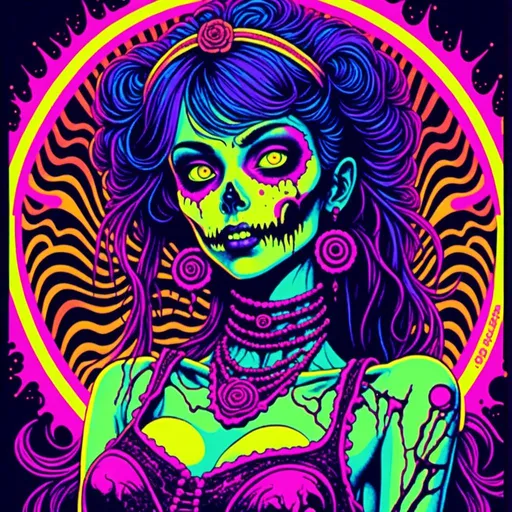 Prompt: <mymodel>70s black light poster, retro punk zombie babe, vibrant oooze, psychedelic, high quality, vector illustration, retro, punk, zombie, vibrant colors, neon lighting, oozing details, vintage, psychedelic art, retro fashion, glow effects, detailed hair, mesmerizing eyes