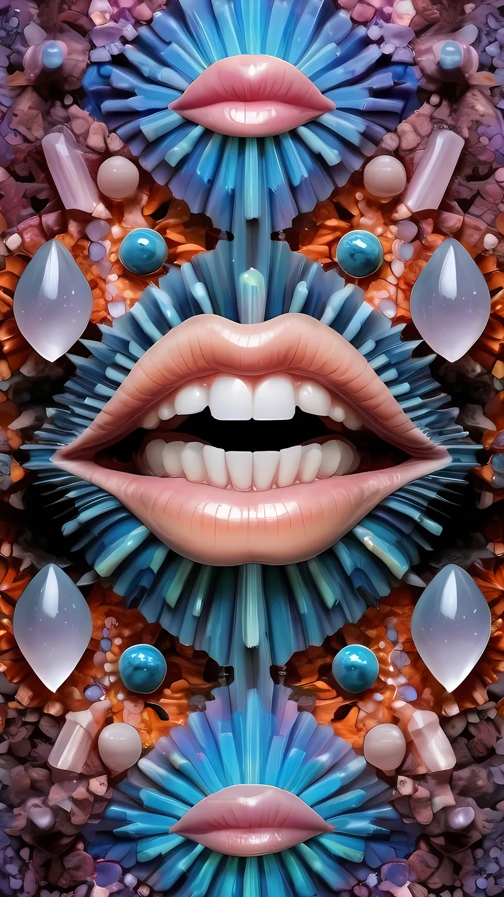 Prompt: Create an extremely hyper-realistic, ultra super textural, weird, trippy, surreal, psychedelic eyes/teeth/mouth pattern/design based on Mandelbrot & “Op Art tiling” with lots of human eyes (crazy colorful compound psychedelic), rows of human teeth, human lips, and tongues. 

- **Colors**: determined by the properties and expressions of the elements (& their isotopes), minerals, and metals: opal, moonstone, Kunzite, Fluorite, selenite, rose quartz, Palladium (Pd), “Fusarium verticillioides”

**Shapes and forms**
- Mandelbrot 
- "Op Art tiling" 
-other shapes determined by the natural properties and expressions of the elements (& their isotopes), minerals, metals, and biological organisms: opal, moonstone, Kunzite,  Fluorite, selenite, rose quartz,  Palladium (Pd), “Fusarium verticillioides”


- **Textures**: Derived from any/all elements (& their isotopes), minerals, metals, crystals, organic things mentioned in this prompt: opal, moonstone, Kunzite, Fluorite,  selenite, rose quartz, Palladium (Pd), “Fusarium verticillioides”

**Composition and Layout**:
- a pattern/design based on the Op Art tiling & Mandelbrot 

**Lighting**:
- lots of bright light
- Iridescence
- Aventurescence
- Chatoyancy
- Asterism

**Detail and Atmosphere**:
- Extreme hyperrealistic sharp high detail high definition organic and mineral textures
- Psychedelic, weird, odd, surreal atmosphere
- Frozen in time

**Additional Elements**:
- extra rows of teeth, lips, many eyes, Op Art tiling, Mandelbrot, Iridescence, Aventurescence, Chatoyancy
