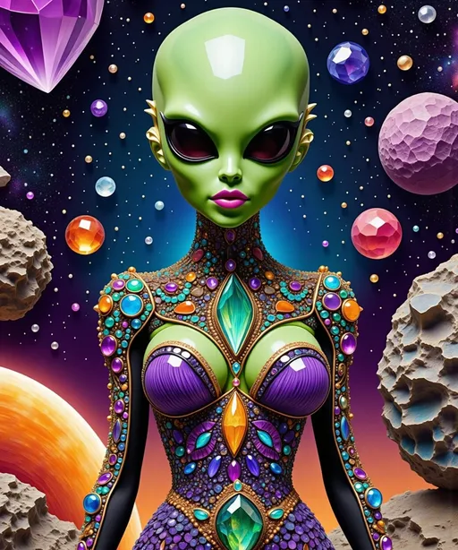 Prompt: a heavily jewel & gem and crystal encrusted composition - as though created out of raw rough gemstones and minerals The centerpiece is a stunning green-skinned alien female with a large somewhat conical shaped bald head & large solid black almond shaped eyes, exuding sass and confidence, dressed in avant-garde high fashion with a futuristic twist. Her ensemble is adorned with intricate accessories that scream alien chic.

Incorporate a vibrant UFO hovering in the scene, brimming with colorful lights that dance across the canvas. The background is a bustling outer space landscape, complete with an alien planet, swirling asteroids, and cosmic wonders. Alien glyphs are subtly woven into the design, adding an enigmatic touch.

The entire scene is a whirlwind of activity, filled with intricate details that draw the eye to every corner. From the tiniest star to the grandest asteroid, let no space go unadorned. The result is a masterpiece of cosmic chaos and extraterrestrial elegance.

Now, go forth and let your AI art creation shine in all its interstellar glory! 🌌👽✨