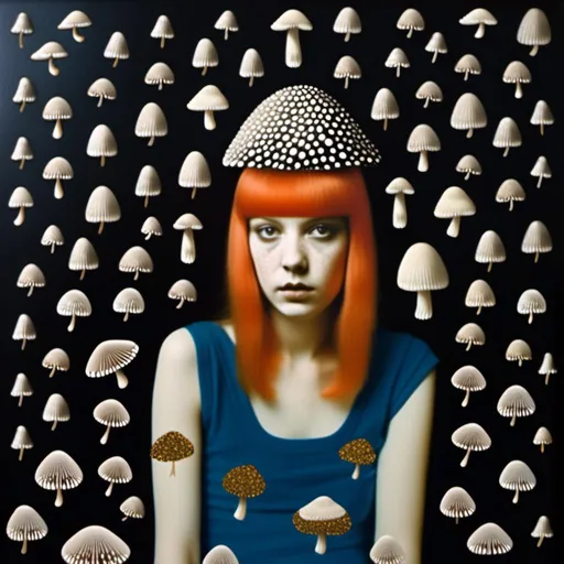 Prompt: a mixed media collage of a girl wearing or growing mushrooms/fungus as clothing body parts and accessories. She is a black and white or halftone photograph, the mushrooms and fungal growths are to be mixed media, including but not limited to paint, enamel, foils, glitter, sparkle, sequins, found objects, natural items, rhinestones etc <mymodel>