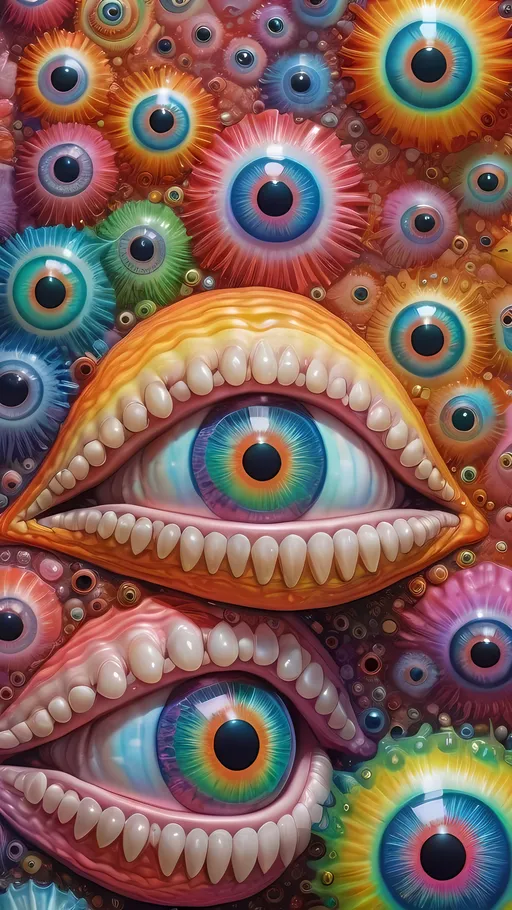 Prompt: an extremely hyper realistic ultra super textural weird trippy surreal psychedelic entity, Cardioid Shapes, white, translucent, clear, bright bright pastel colors, oil slick rainbow sheen effect, lots and lots of light, lots of crazy colorful compound psychedelic human eyes, rows of human teeth, fungus, atoms, diatoms, Cardioid Shapes