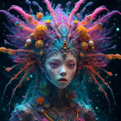 Prompt: extremely hyperrealistic living creature, monster, being, entity, celestial, galaxy, stars, nebula, space, asteroids, suns, planets, space dust, God goddess diety extremely high detail, extreme high texture<mymodel> black, neon pink, neon greens, purples, oranges, blues, teals, yellows, translucent, white
 