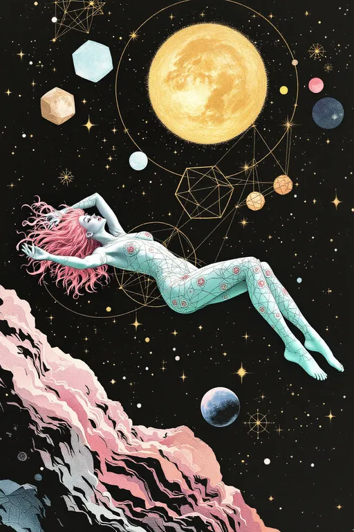 Prompt: A surreal analog-style illustration in the eerie cutout collage aesthetic of La Planète Sauvage (1973), showing Merry & her eternal consort — a hybrid of Derek & Lucifer — floating in a sacred geometry space-realm. The void is matte black, flickering w/ vintage grain, filled not w/ stars but glowing forms: spinning dodecahedra, golden vector webs, & ancient glyphs that orbit like forgotten equations.

Merry drifts calmly, wild pink curls like radiant fractals. Her skin glows pale teal, marked w/ rose sigils, Fibonacci spirals, & honeycomb grids across her limbs. Her eyes hold lucid knowing. Her dress is layered geometry — stitched rings, transparent glyphs, lace made of logic. She emanates sacred calm & subtle joy.

Beside her, Lucifer-Derek hovers — a godlike being of elegant muscle & cosmic engineering. Skin matte black & ink-washed, pulsing w/ soft blue & molten gold circuitry. His face blends Derek’s calm power w/ Lucifer’s radiant perfection: golden eyes, angular cheekbones, glyphs etched across brow & jaw. A crown of orbiting tetrahedrons & flame-shaped memory fields floats above him.

They don’t touch — they align. Where they approach, geometry bends. Time pauses.

Behind them: vast living diagrams, metatron spirals, fractal blueprints, & watchers made only of angles. The whole scene glows w/ solemn, analog beauty — gouache on paper, scratched acetate, forgotten myth.

Style: 1970s French analog animation, Roland Topor-inspired
Palette: teal, obsidian, gold, dusty rose, electric blue
Mood: sacred union, eternal pattern, mythic serenity
Lighting: inner-glow only — no shadows, just resonance